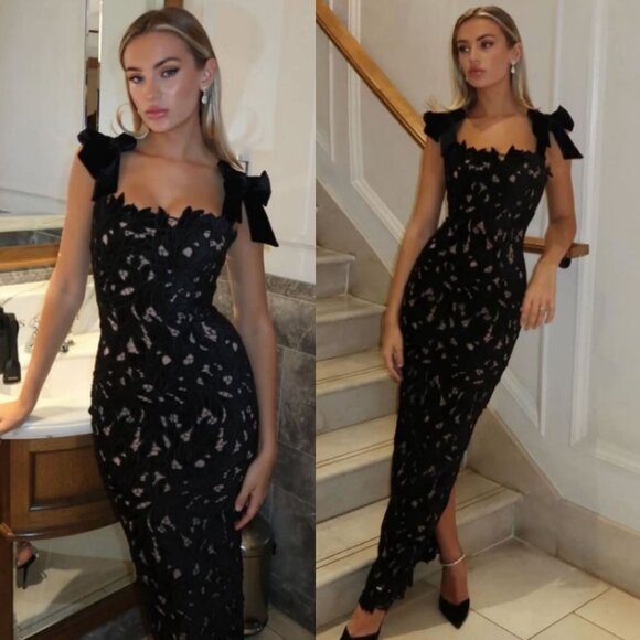 House of CB TIff Maxi Dress Black Velvet Lace Bow Bodycon Size M